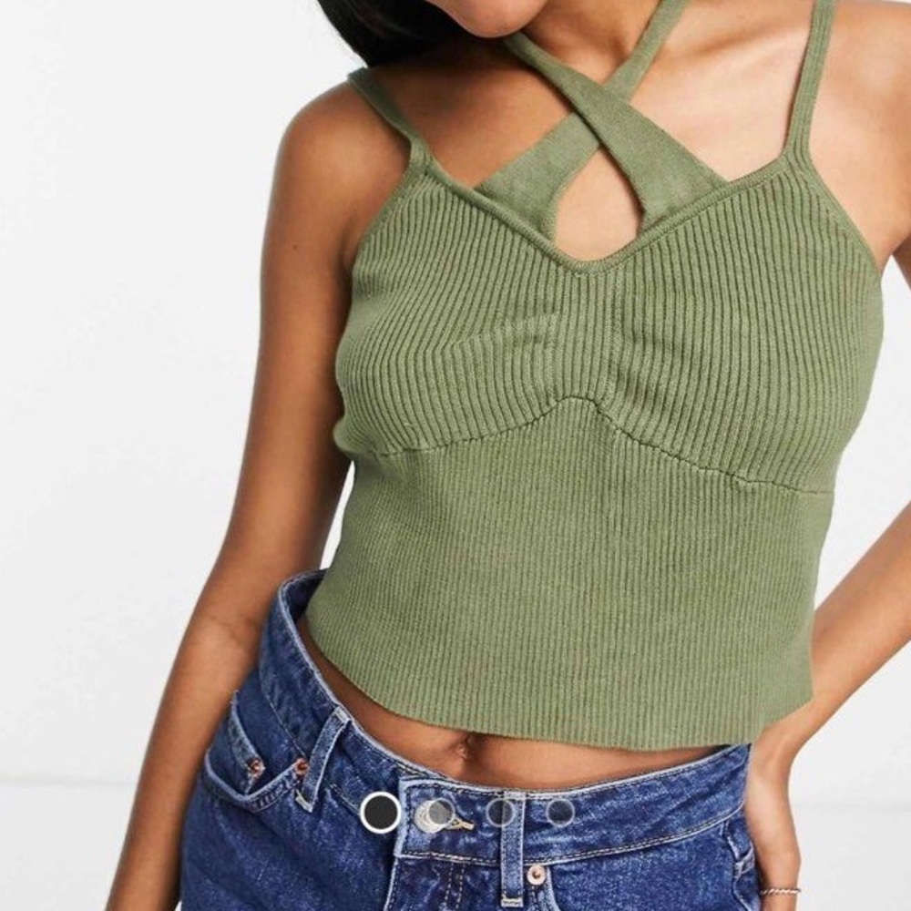 Le Lis Army Green Knit Sweater Tank Criss Cross Ribbed‎ Large NWT